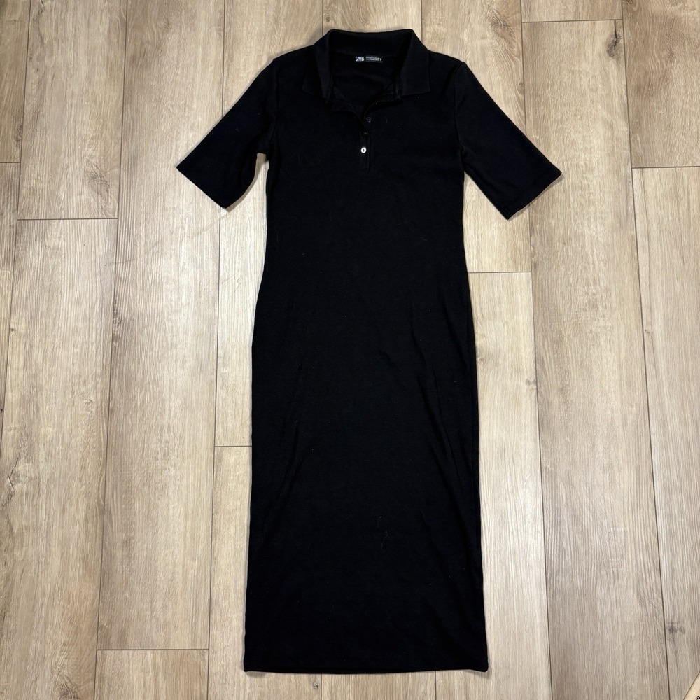 Zara Black Ribbed Collared V-Neck Cotton Bodycon Dress Womens Size Large L